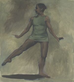  "Matchstruck" by Lynette Yiadom-Boakye, a painting of a figure mid-motion, with one leg extended backward, in a sleeveless olive green garment against a muted, earthy-toned background.