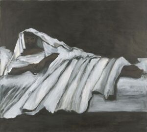  "Kasbah" by Lynette Yiadom-Boakye - an oil painting on canvas featuring a figure lying under a white draped cloth against a dark background, with a thematic focus on greyscale and the interplay of light and shadow.