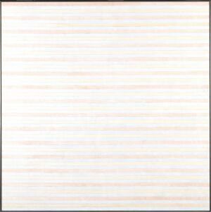  "Untitled" by Agnes Martin, featuring a soft cream background with evenly spaced, hand-drawn horizontal lines in pale orange, pink, and yellow hues spread across the canvas, invoking a gentle and meditative atmosphere.