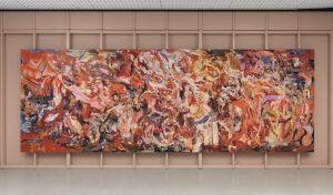 " "To Skies That Were Brighter," an abstract oil painting by Cecily Brown, showcasing a tumultuous mix of vibrant oranges, reds, blues, and purples applied in energetically expressive brushstrokes on a stretched piece of linen.