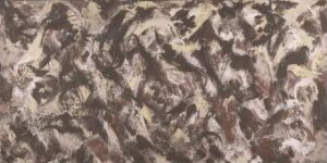  "Night Birds" by Lee Krasner, an abstract oil on canvas painting, with intricate swirls of white, cream, tan, and black hues creating a dynamic and rhythmic pattern that evokes the sensation of bird movement in the night.