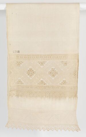  An antique off-white textile sampler with a horizontal band of muted embroidery featuring floral and geometric patterns, showcasing needlework skill on a cream or linen-colored fabric.