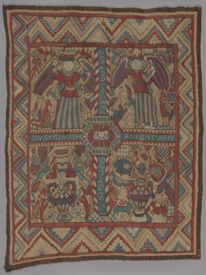  A handwoven textile design titled "Justitia og Patientia" by an unidentified female artist, featuring symmetrical patterns with four human figures representing justice and patience, in a palette of earth tones with intricate borders.