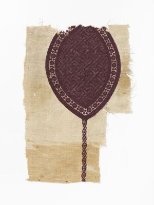  Artwork depicting a dark sepia oval with a decorative chain-like design on a textured piece of light beige paper with rough, torn edges. Artist name and title unknown.