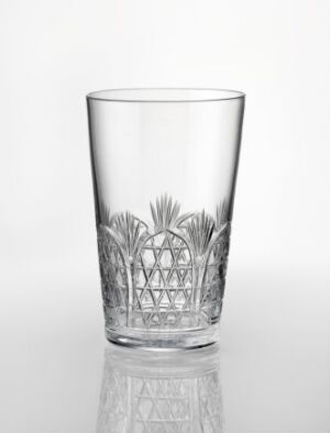  A clear glass tumbler with an intricate etched design of a stylized plant motif in the lower half, standing against a white background.