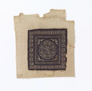  An ancient, faded square design with concentric decorative borders centered on a tattered piece of light tan parchment-like material.