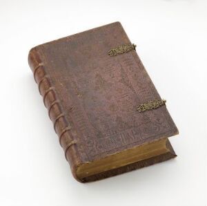  An antique leather-bound book with wooden covers titled "Biblia, das ist de ganze heililige Schrift Altes und Neues Testament, verdeubet von Dr. Marthin Luther" by an unidentified publisher. The book is closed, showcasing a dark brown leather cover with subtle embossed gilded decorations and brass clasps with patina on a neutral background.