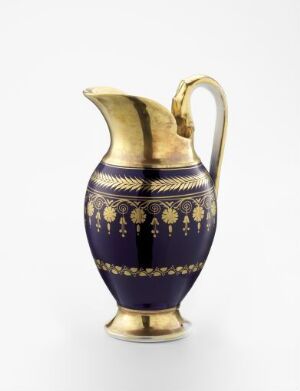  An ancient-style cobalt blue pitcher with gold decorative patterns, including a central band of laurel wreaths and palmettes, and a golden handle, against a neutral background. Artist and title remain unknown.