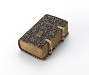  Antique "Aandelig Brönd Spring" hymnal with a hand-woven dark brown silk satin cover, embellished with silver thread embroidery, sequins, and beads, gilded metal fittings with enamel, and gold-edged pages. Artist unidentified.