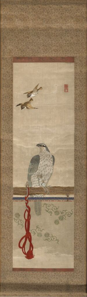  A tall, vertical Asian scroll painting depicting two birds – a small one in flight at the top and a larger one perched below on a branch – in black and grey ink against a warm beige background with a vibrant red seal at the bottom.