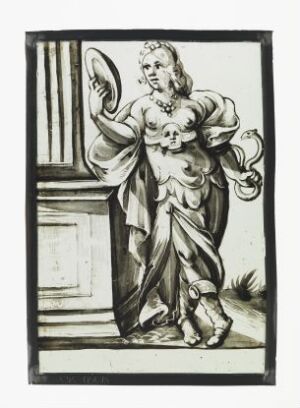  Black and white classical-style illustration of a feminine figure in flowing drapery, holding a circular object above their head, standing next to the base of a column, with a serene expression.