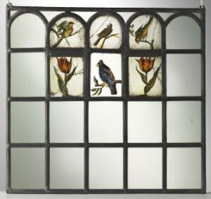  A stained glass window with a black or dark grey frame, featuring sixteen clear glass panes arranged in a 4x4 grid. Four central panes are illustrated with naturalistic images of birds perched or in flight near orange tulip flowers and green leaves, with the remaining panes being clear.