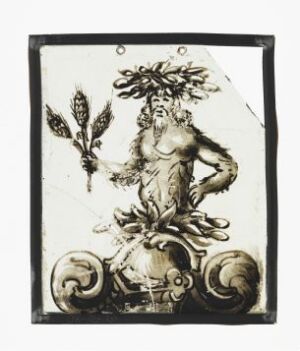  A glass pane with a monochromatic, artistic depiction of a muscular, classical male figure adorned with a leafy crown and holding a staff and sheaf of grain, surrounded by an ornate black frame.