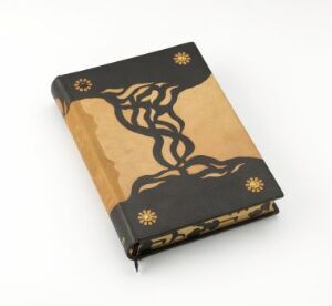 
 A book titled "Eddaens Gude Sange" designed by Thorvald Bindesbøll with a multi-colored leather mosaic cover in tan and dark brown, adorned with stylized serpentine lines and golden star motifs, and finished with gilded bronze buttons.