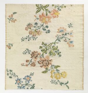  A textile pattern featuring a diagonal array of delicate and detailed flowers in soft shades of pink, yellow, blue, and peach, arranged on a cream-colored background that suggests a vintage aesthetic.