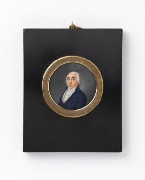  An antique miniature portrait of a gentleman with gray hair, wearing a dark blue coat, white shirt, and high-necked cravat, set within a gold circular frame mounted on a rectangular black plaque.