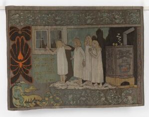  A handwoven tapestry by Gerhard Munthe titled "Mørkredd," featuring a muted, earth-toned color scheme with figures dressed in historical attire grouped by a window. Decorative borders include a stylized red flower and a green crocodile-like creature. The piece exhibits depth and texture, indicative of the gobelin weaving technique.