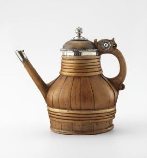  A classically styled wooden teapot with metal accents, featuring vertical ridges and a contrasting dark wooden handle and spout against a clean, light background.