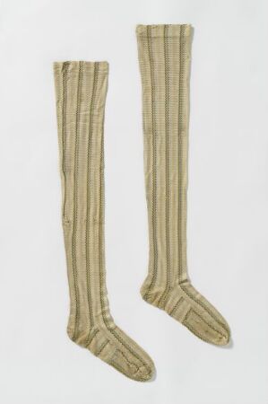 
 A pair of long, vertically striped socks in muted beige and olive green colors, depicted against a plain white background.