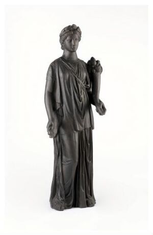  Cast iron sculpture "Fortuna" by Praxiteles, depicting a classical style full-length standing figure in dark gray, with intricate robes and an elaborate hairdo, symbolizing luck and prosperity.