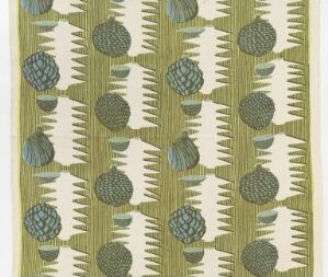  A textile design by Axel Salto featuring a symmetrical pattern of dark teal pinecone-like motifs and beige and white stylized leaves on a muted green background, representing a fusion of geometric order and natural elements in a machine-woven and printed fabric.