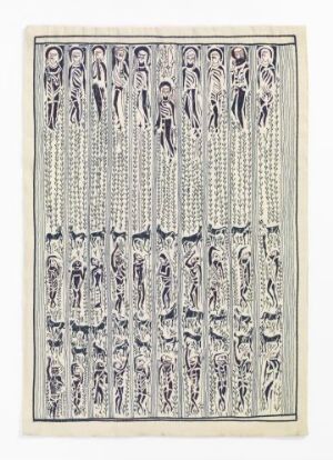  "Bethlehemsmarken" by Bjørg Abrahamsen, a piece of textile art featuring a repeating pattern of figures embroidered in dark grey against a light silvery grey silk fabric, with a darker border, showcasing detailed hand embroidery and machine weaving.