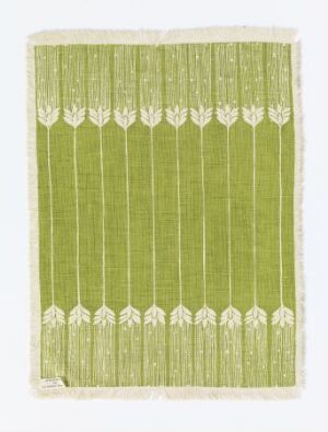  A green textile with vertical stripes and a white decorative border, exhibiting a handmade quality with slightly frayed edges. Artist name and title are unknown.