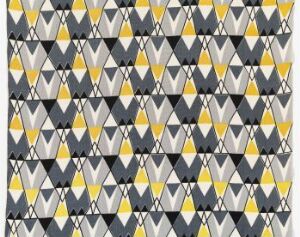  "Fantasia" by Sissi Bjønness, a machine-woven rayon textile with a machine-printed pattern featuring an array of black, gray, and yellow geometric shapes on a white background, creating a rhythmic and modern design.