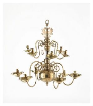  This is an image of a polished brass chandelier, titled "Lysekrone" by an unidentified artist, featuring a central sphere and multiple symmetrically arranged arms, each ending in a candle-like holder, adorned with floral or leaf-like motifs, set against a white background.