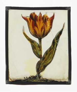  A stylized image of a single tulip with yellow to orange gradient petals and green-brown leaves against a pale background, enclosed by a dark border. Artistname and title are unknown.