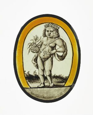  An oval image with a yellow border featuring a classical-style drawing of a child resembling a cherub or a putto, with curly hair, holding a horn of plenty and a large flower, set against a pale background.