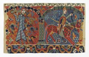  A tapestry titled "Kopi av Baldisholteppet" by Lillemor Eseth, displaying two stylized human figures and a horse, intricately woven in medieval style using a colorful palette on a beige background, with an ornate border of looping blue and red designs.