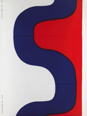  "Seireeni" by Maija Isola — a cotton textile design featuring a large blue "S" shape against a white background, bordered on one side by a striking red strip, showcasing a bold and graphic use of contrasting colors.