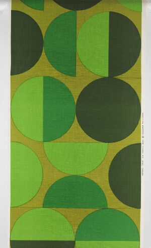  A linen textile design titled "Timmer" by NK Inredning-Juno AB, featuring large overlapping circles in bright and olive greens on a dark green, almost black background, creating a dynamic geometric pattern.