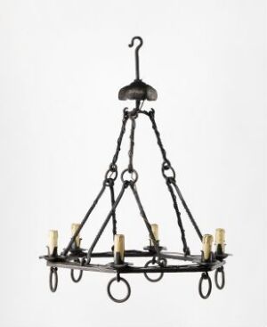  An antique-style black wrought iron chandelier with eight arms for candles, linked to a central hook by four chains, set against a white background. Artist name and title are unknown.