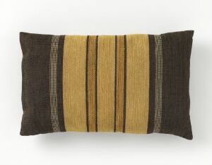  Rectangular pillow with alternating mustard yellow and chocolate brown vertical stripes on a light background.