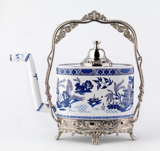 Oval Tea Pot with Blue Willow Motif in Silver Mounts