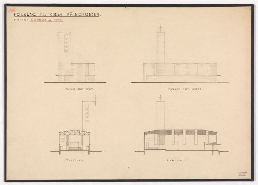 Forslag til kirke på Notodden, snitt og fasader