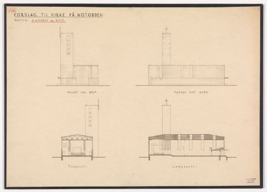 Forslag til kirke på Notodden, snitt og fasader