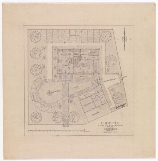 Villa Heimen, plan av 1. etasje og hage