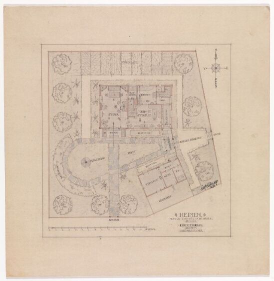 Villa Heimen, plan av 1. etasje og hage