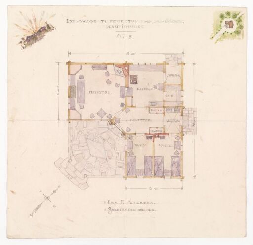 Idéskisse til hytte med peis