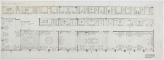 Innredning av selskapsrom i Hotel Norge, møbleringsplan og oppriss