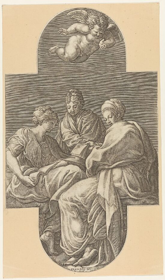Three Muses with a Putto speaking with them