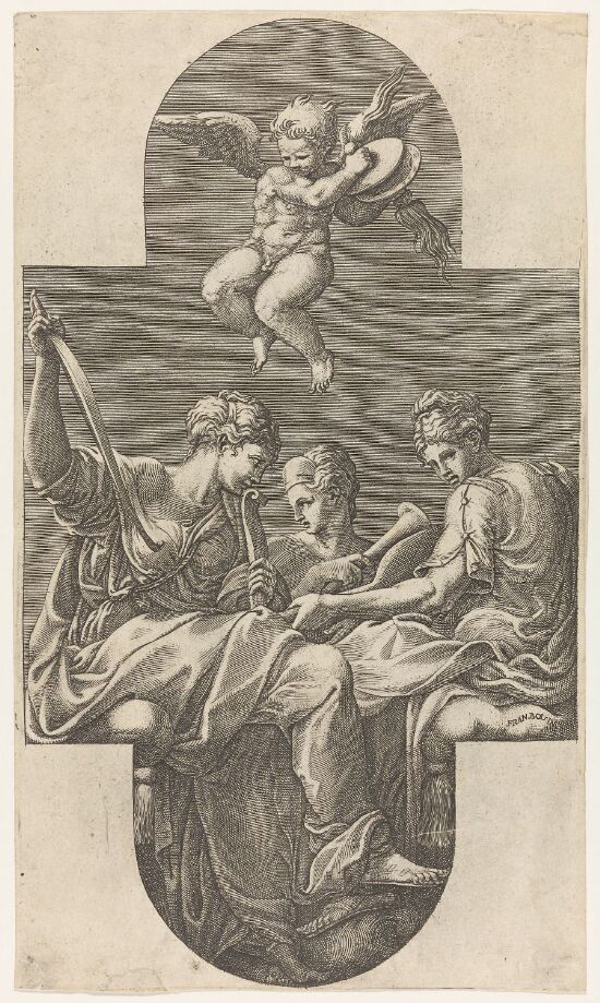 Tre sittende muser med en putto som slår på cymbaler