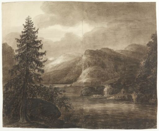 Fjellandskap med vann og kirke