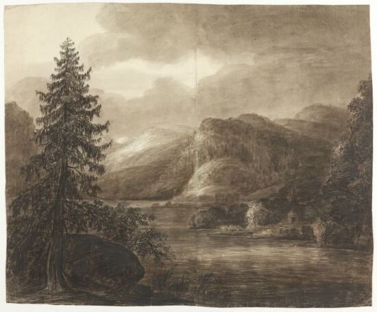 Fjellandskap med vann og kirke