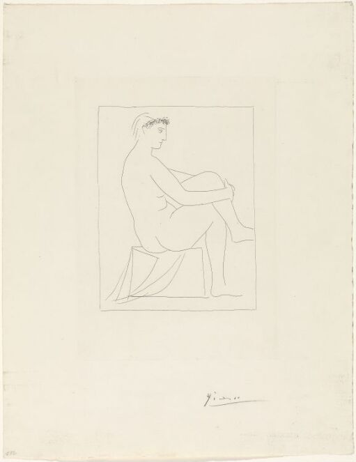 Femme nue couronnée de fleurs, aux jambes croisées