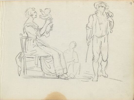 Figurstudier; kvinne med barn og skridende mann