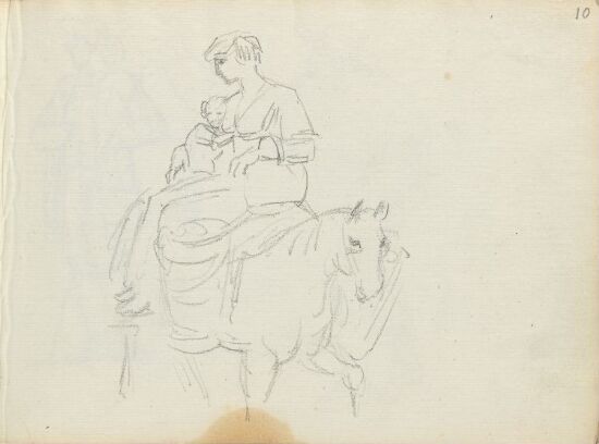 Figurstudie; kvinne og barn til hest